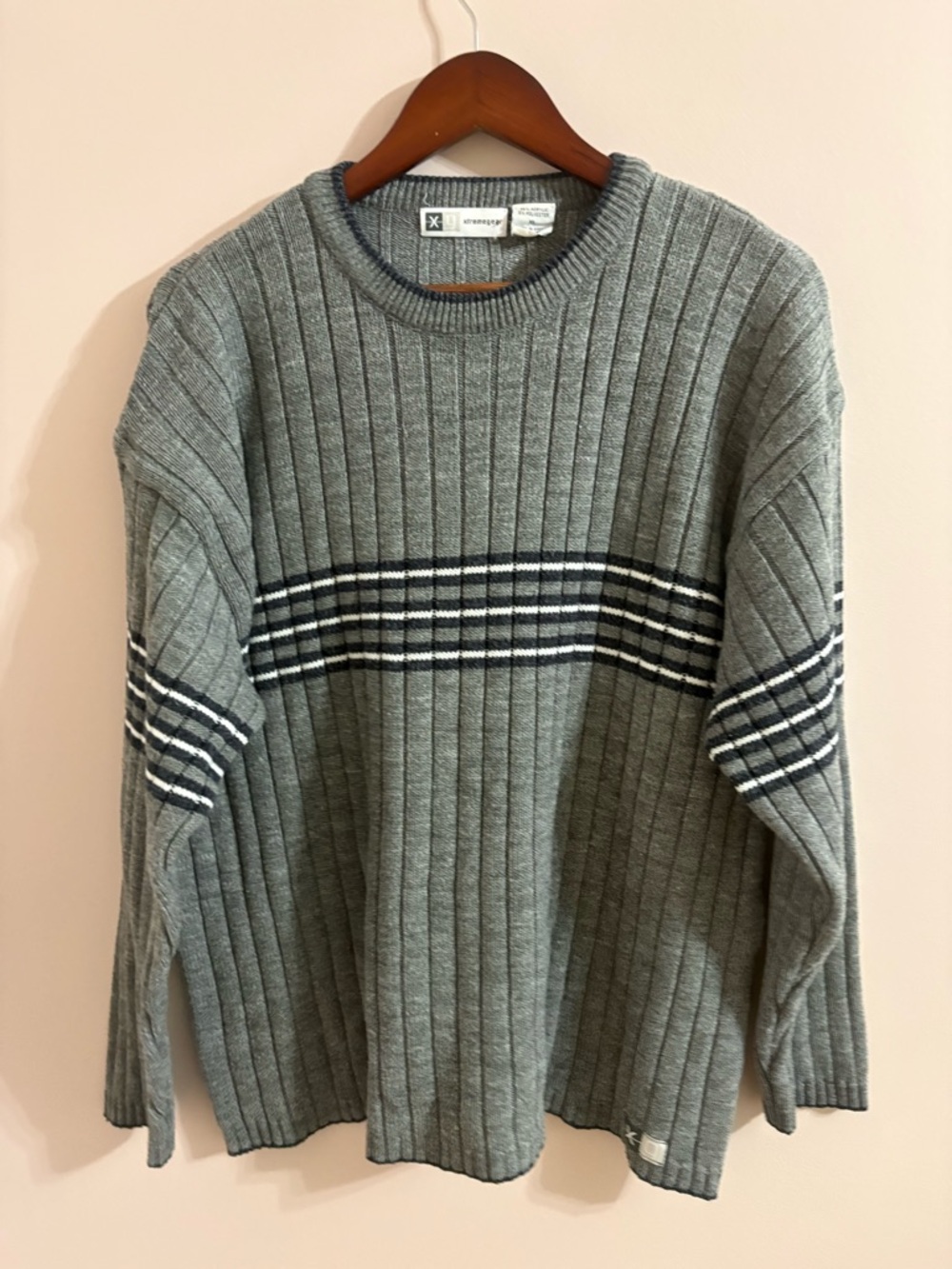Men's Gray Ribbed Crewneck Sweater with Navy & White Stripe